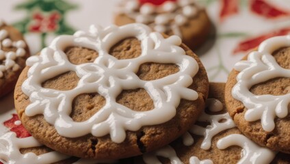Close-up of baked brown cookies iced with intricate white snowflake patterns