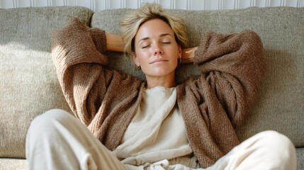 A sad, tired woman with blonde hair and a brown sweater.