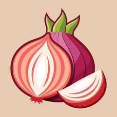 Flat vector illustration of a red onion with one half cut open, clean lines, bright colors,