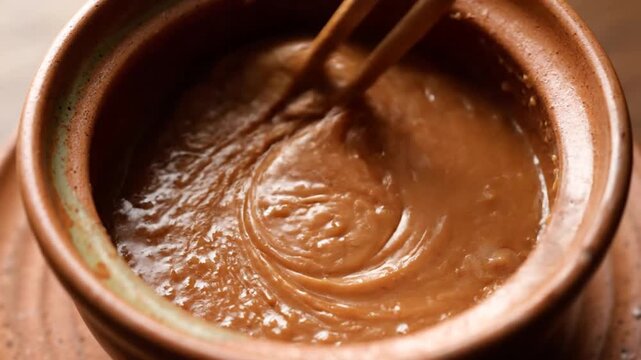 Creamy Miso Paste Mixing with Chopsticks in Brown Ceramic Pot Close-Up Shot on Wood Tabletop Culinary Preparation and