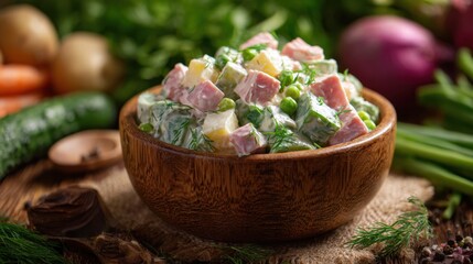 Rosols is a traditional Latvian salad made with boiled potatoes, carrots, peas, pickles, eggs, and meat or sausage, mixed with mayonnaise.