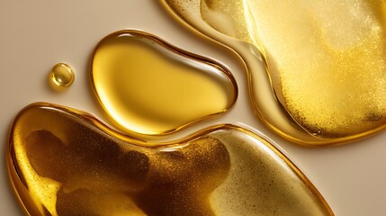 Golden liquid drops on a beige background with shiny reflective surfaces and smooth flowing curves with shiny surface and cosmetics and skincare