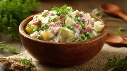 Rosols is a traditional Latvian salad made with boiled potatoes, carrots, peas, pickles, eggs, and meat or sausage, mixed with mayonnaise.