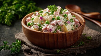 Rosols is a traditional Latvian salad made with boiled potatoes, carrots, peas, pickles, eggs, and meat or sausage, mixed with mayonnaise.
