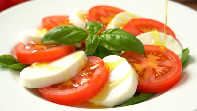 Delicious Caprese Salad with Olive Oil Drizzle Featuring Fresh Tomatoes Mozzarella and Basil Leaves on White Plate