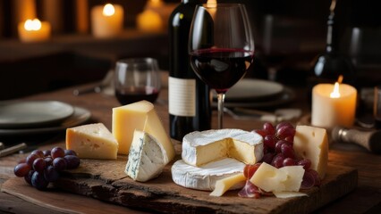 Close-up of cheese and grapes with red wine, candles on a wooden table; soft focus