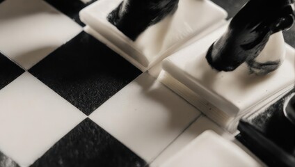 Close-up of chessboard with black and white pieces, tiles, detailed shot