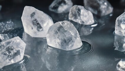 Close-up of clear, irregular, icy shapes partially submerged in a reflective liquid surface