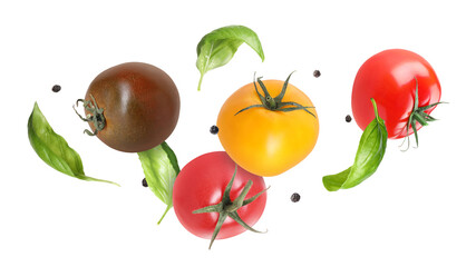 Fresh tomatoes, peppercorns and basil leaves falling on white background