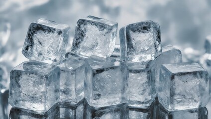 Close-up of clear, cube-shaped frozen water. Reflection on surface
