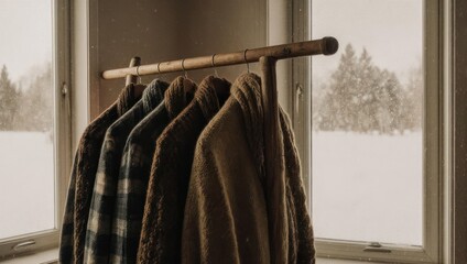 Close-up of coats hanging on a wooden rack in front of a snowy window scene