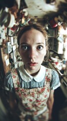 Obraz premium A curious, wide-eyed young white girl in a vintage apron, capturing retro kitchen chaos, evokes Whimsy Day surprises