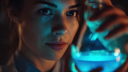A scientist holding a glowing blue substance in a glass flask.