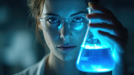 A scientist holding a glowing blue substance in a glass flask.