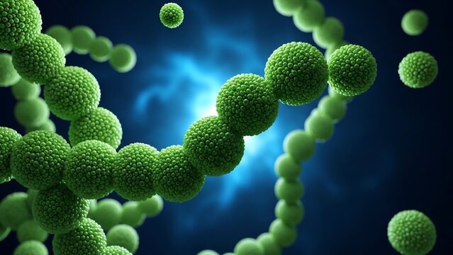 A 3D rendering of green virus particles on a dark blue background with a bright light - Powered by Adobe