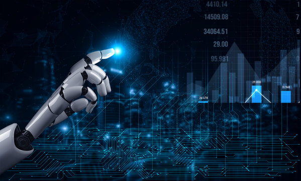 A robotic hand points toward glowing digital graphs, symbolizing advanced data analytics and artificial intelligence in a modern technological landscape. Scalp - Powered by Adobe