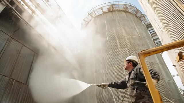 Industrial engineer applying descaling treatment in a counterflow cooling tower to enhance cooling efficiency and prevent corrosion.