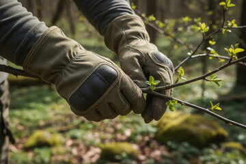 Gloved hands holding a young tree branch in spring forest, close-up of gardening or pruning work with fresh green leaves, outdoor nature activity, sustainability and plant care concept