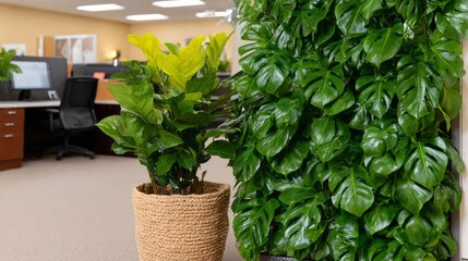 Office jungle with lush, verdant foliage evokes Urban Jungle Day, promoting tranquility and creativity, eco-friendly workspace vibes