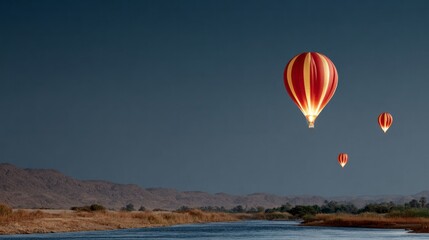 Fototapeta premium Hot air balloons float serenely over tranquil desert riverscape, evoking dreams of wanderlust and the Albuquerque Balloon Fiesta magic