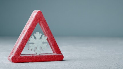 Triangular road sign with icy snowflake, symbolizing winter solstice journeys and Icelandic Yuletide adventures on frosty pavements