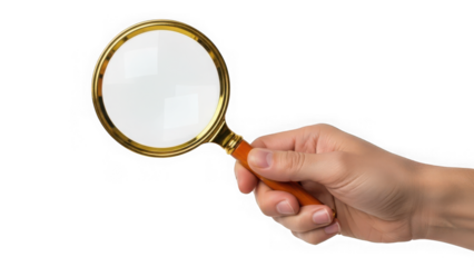 A hand holding a gold magnifying glass with a brown handle on a white background for search and investigation concepts with research and examination