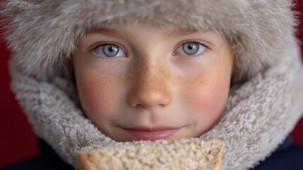 Cozy-cheeked child in faux-fur ushanka savors warm bread, evoking Winter Solstice cuddles and Scandinavian hygge bliss
