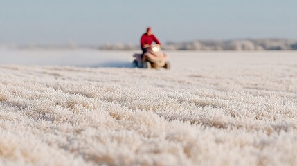 A lone figure on a snow-blanketed quad bike, evoking Frosty Ride Day and Nordic winter solitude celebrations
