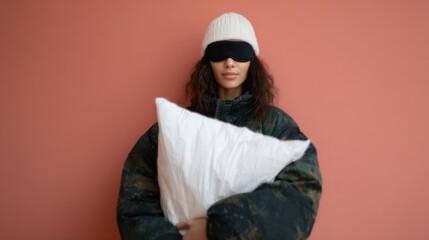 Sleepy urban chic, blindfolded Afro-Latina woman embraces pillow, celebrating World Sleep Day, echoing cozy fashion revolution vibes