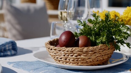 A wicker basket cradles rich maroon eggs beside herbs, evoking traditional Tsiknopempti and chirping spring equinox renewal
