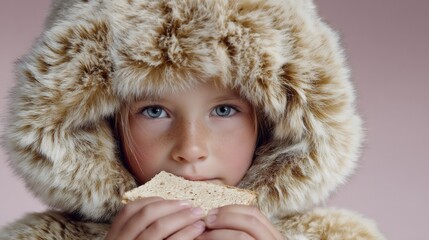 A young Caucasian girl in a snug fur coat savors crispbread, winter festivities, Arctic exploration mood, cozy warmth