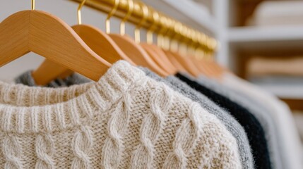Cozy cable-knit sweaters bask, harmoniously poised on wooden hangers, whispering hygge vibes, Icelandic charm, and National Sweater Day