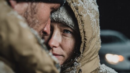 Snow-bathed Caucasian couple shares an intimate gaze, winter solstice whispers, frost-kissed warmth, Nordic hygge in icy streetscape