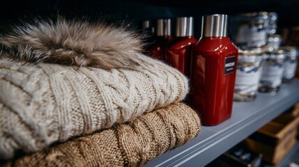 Cozy Nordic knitwear nestles with vibrant scarlet bottles, embodying hygge warmth and Festivus whimsy in winter's intricate dance