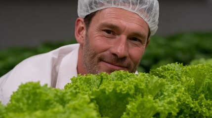 A Caucasian male gardener in a hairnet admiring verdant lettuce, evoking World Planting Day and gourmet salad dreams