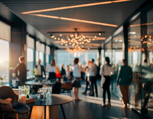 Soft blurred after-work office party with warm lights, colleagues socializing and relaxed corporate atmosphere. Ideal for team-building, workplace culture and informal professional events.