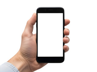 Person&rsquo;s Hand Holding Smartphone with Blank White Screen Isolated on White or Transparent Background