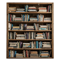 A large wooden bookshelf filled with numerous books on multiple shelves