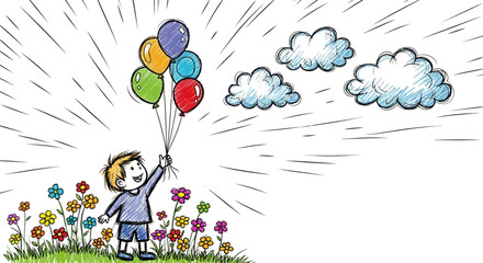 Fototapeta premium Child Holding Colorful Balloons in Field.