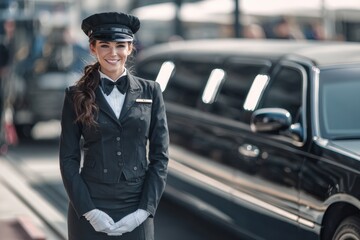 A smiling limousine female driver stands next to the limousine.