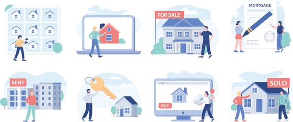 Obraz premium Real estate process, property search, online viewing, mortgage approval, rent, buy, sell, cartoon style, transaction stages