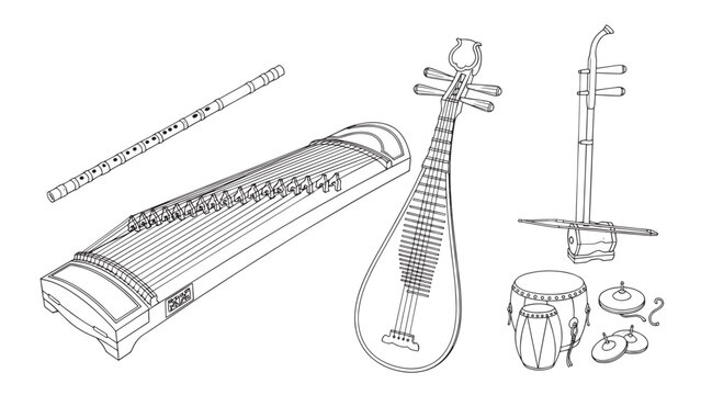 Traditional stringed instruments in a quiet cultural ensemble display.
