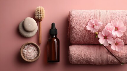 A spa day scene arranged with serene spa essentials, capturing the essence of relaxation and self-care. ..Created with Generative AI, not depicting real subjects.