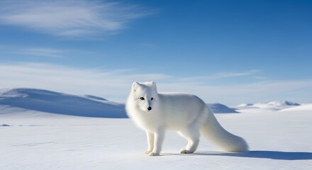 Majestic arctic fox with thick white winter fur stands alertly on the vast, snow-covered tundra beneath a bright blue sky