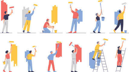 Wall painting, home renovation, teamwork, paint rollers, ladders, colorful walls, cartoon workers, DIY project, interior design, improvement