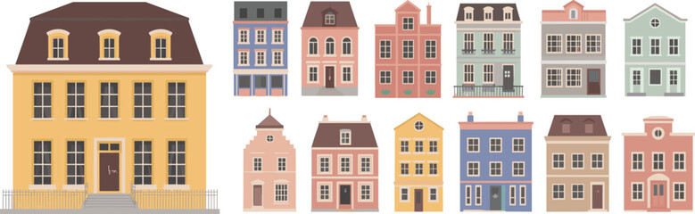 Fototapeta premium Urban architecture, residential buildings, pastel facades, mansard roof, balconies, decorative trims, cartoon style, polygon design, cityscape illustration