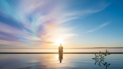 Serene meditation at sunrise a solitary figure finds inner peace and mindfulness reflecting on tranquil waters, embracing spiritual harmony and new beginnings