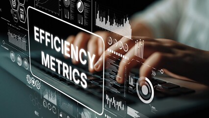 Hands Typing on Keyboard with Data Visualizations and Efficiency Metrics Graphics in Background. Asymptotic smart data analytic.