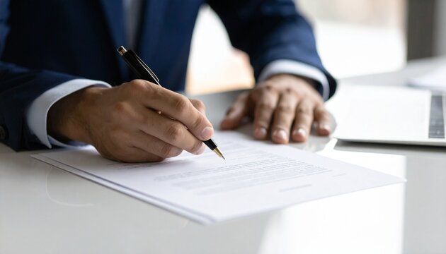 A person in a suit signing an important document with a pen. The scene suggests professionalism and attention to detail.