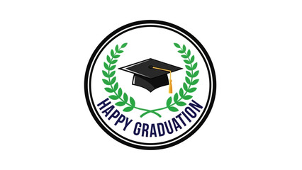 Happy Graduation Celebration A Festive Emblem Featuring a Mortarboard and Laurel Wreath in a Circular Design